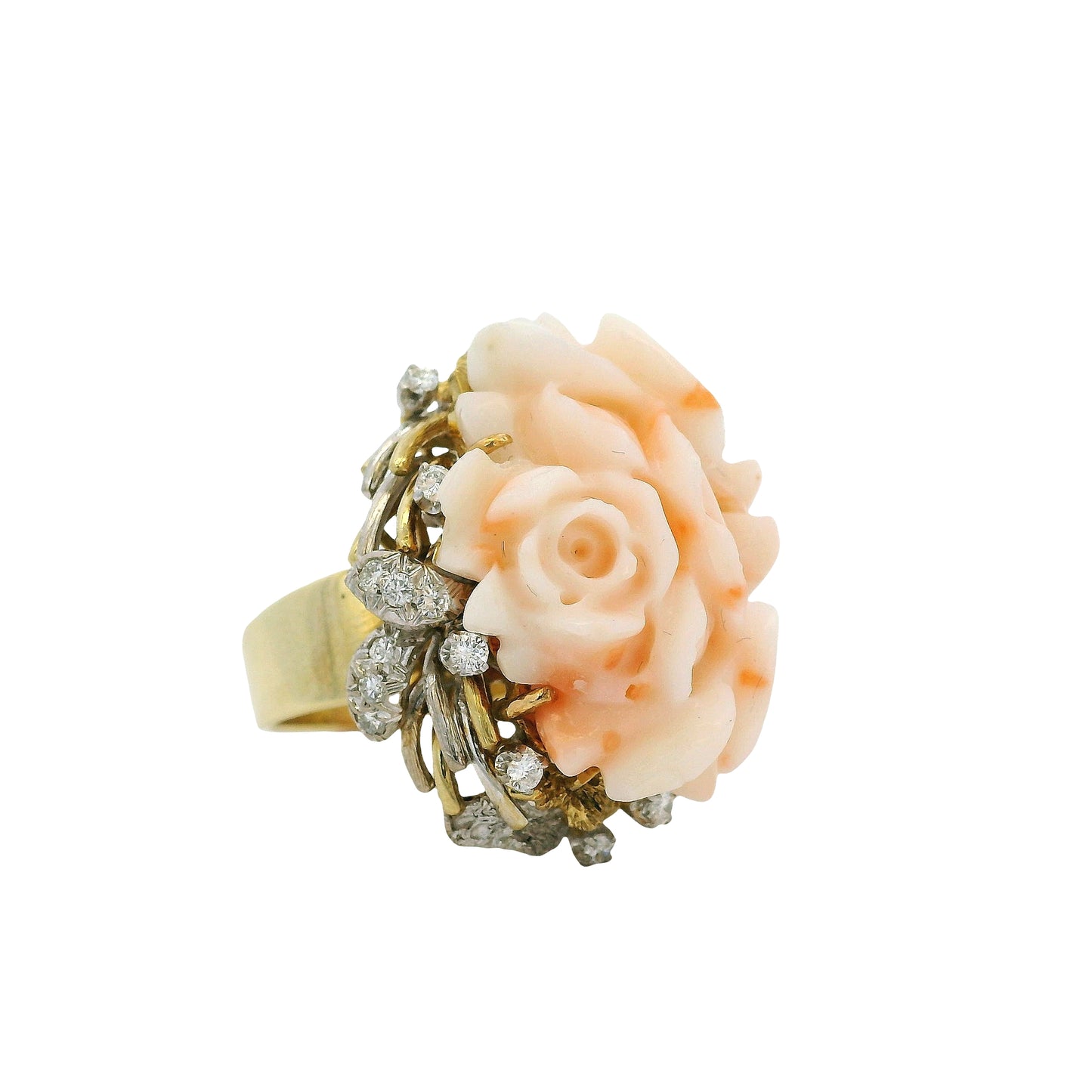 14k Yellow Gold 0.67ctw Diamond Pave Carved Coral Ring