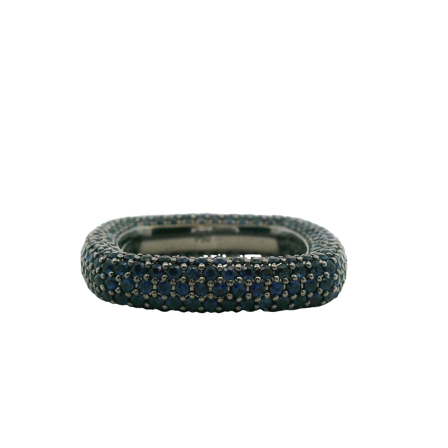 18k Black Gold 4.01ctw Natural Round Cut Blue Sapphire Pave Square Ring