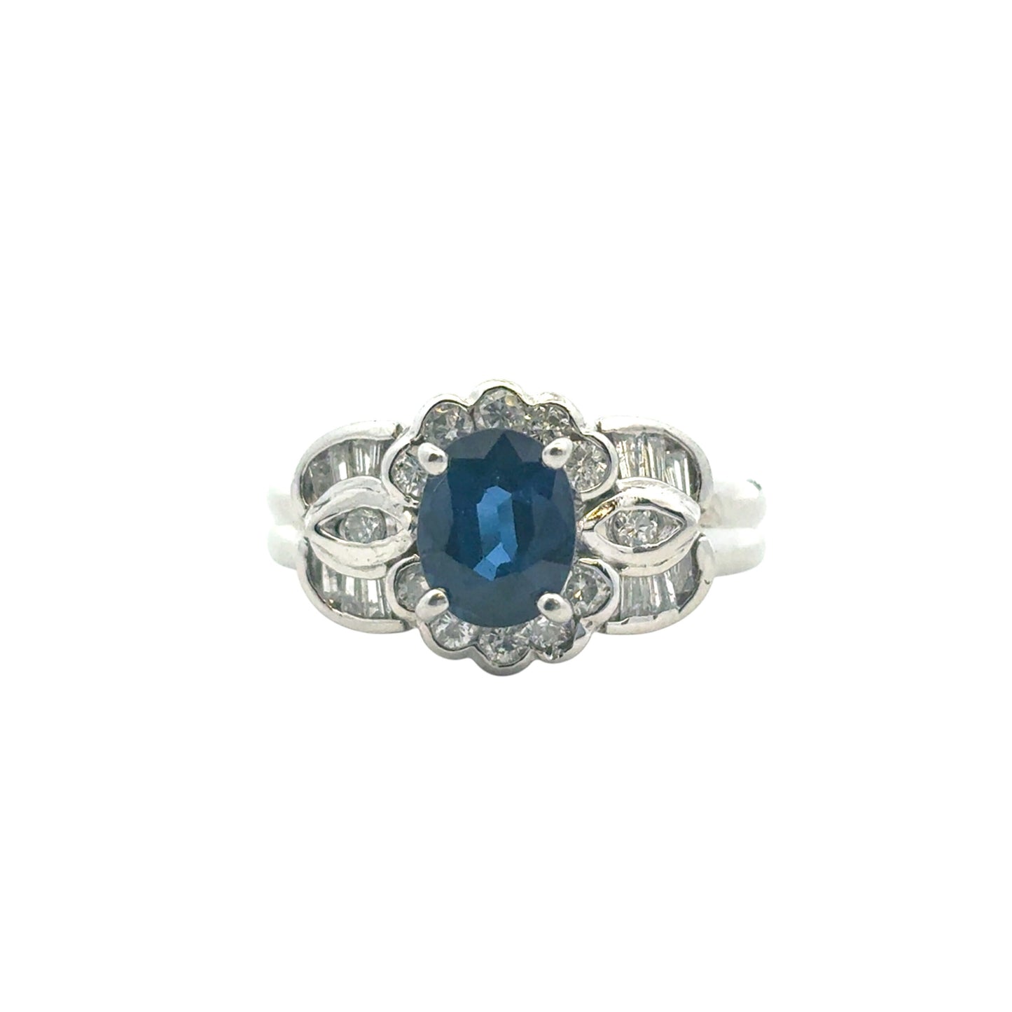 Platinum 1.25ct Oval Sapphire Center 0.47ctw Diamond Cocktail Scalloped Ring