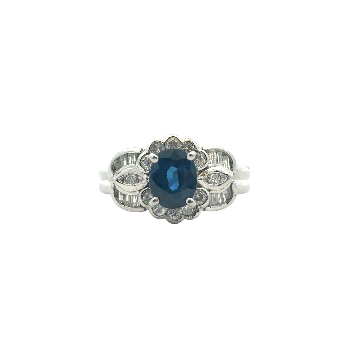 Platinum 1.25ct Oval Sapphire Center 0.47ctw Diamond Cocktail Scalloped Ring