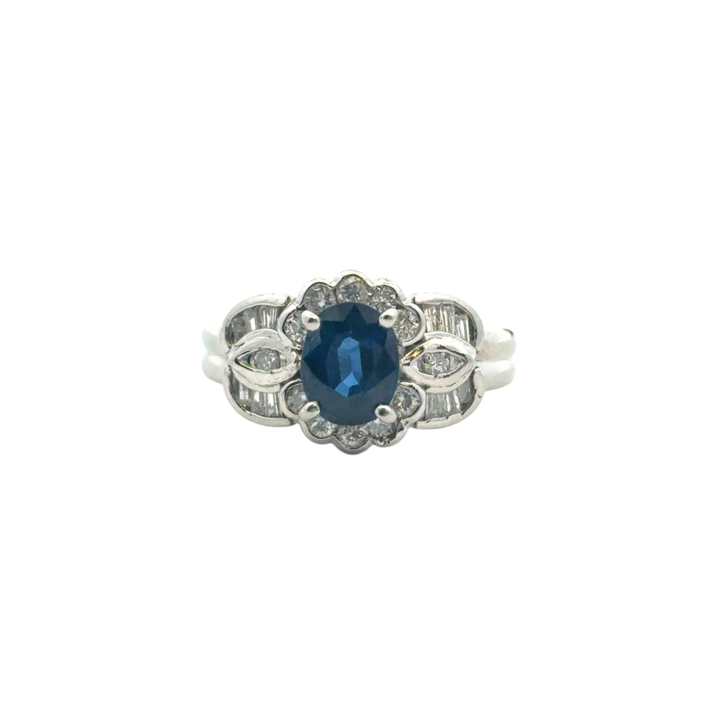 Platinum 1.25ct Oval Sapphire Center 0.47ctw Diamond Cocktail Scalloped Ring