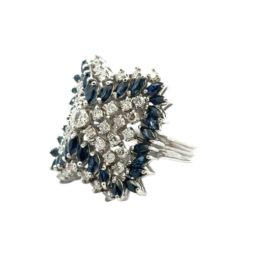 14k White Gold Natural Diamond and Blue Sapphire Cocktail Ring