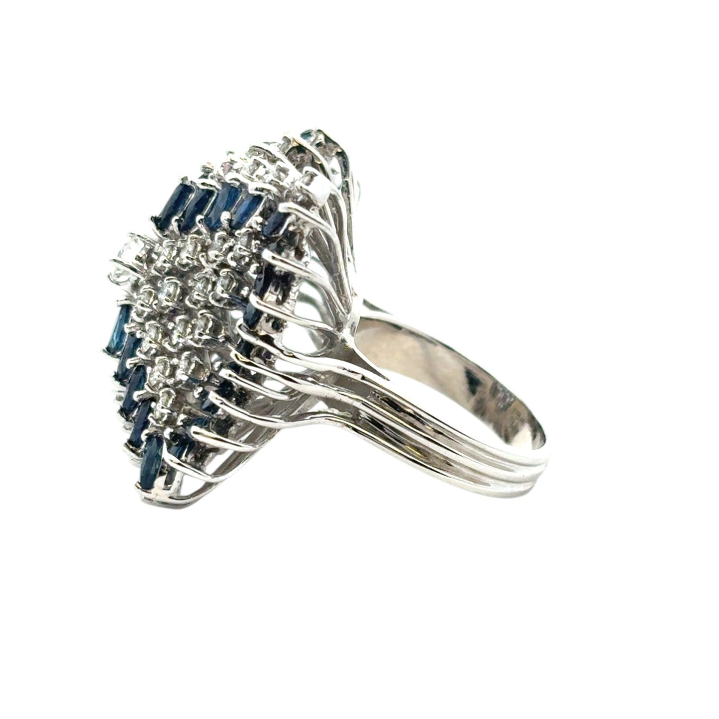 14k White Gold Natural Diamond and Blue Sapphire Cocktail Ring