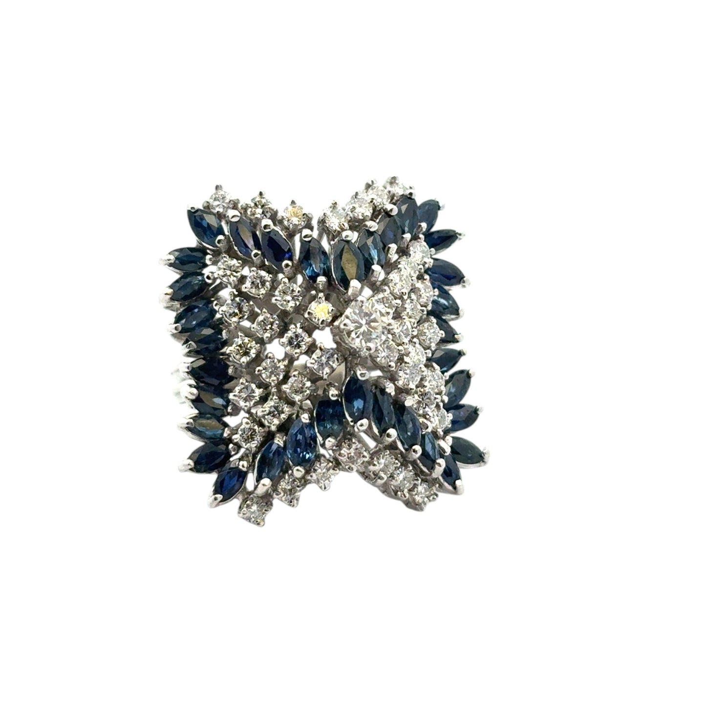 14k White Gold Natural Diamond and Blue Sapphire Cocktail Ring