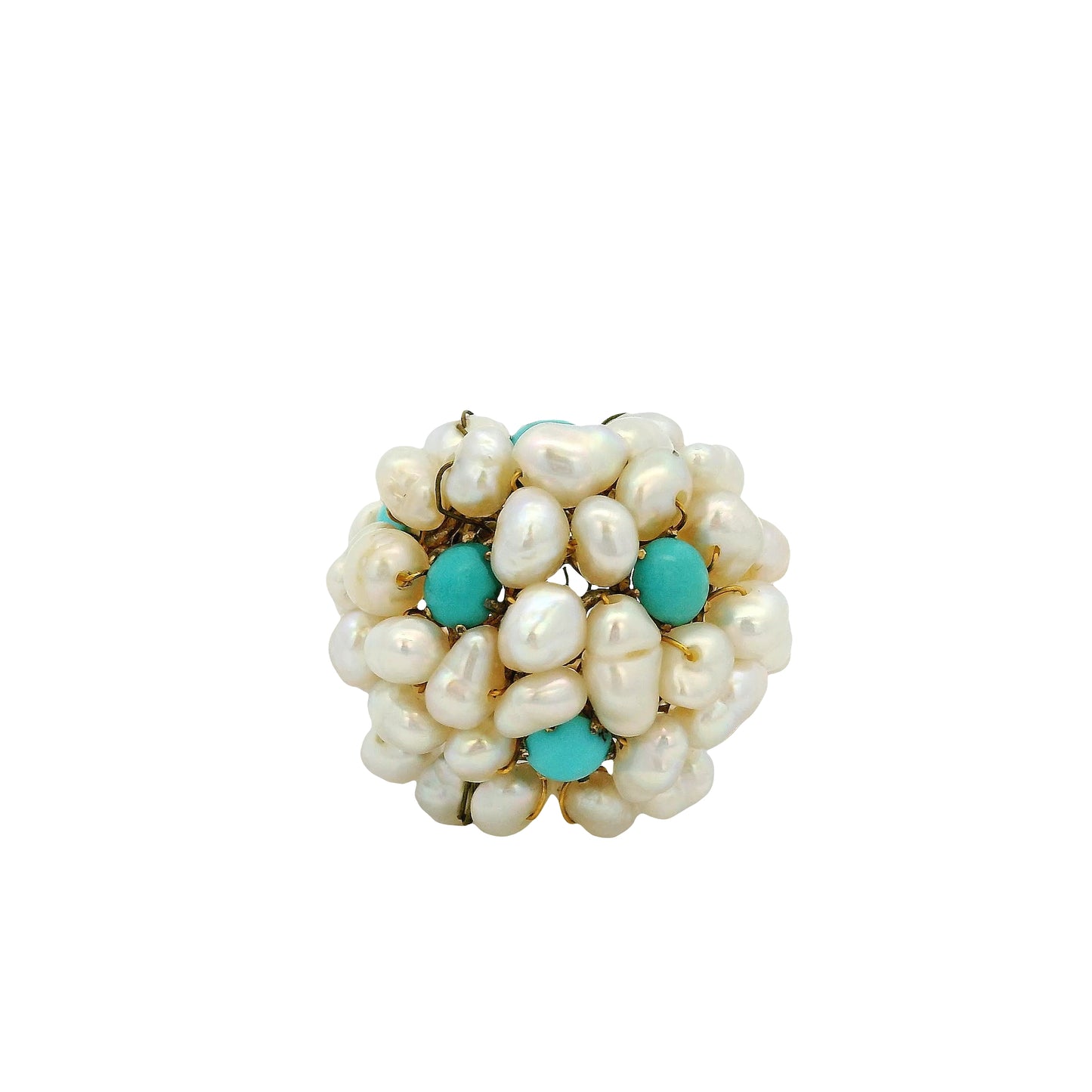 14k & 18k Yellow Gold Freshwater Pearl and Turquoise Cluster Ring