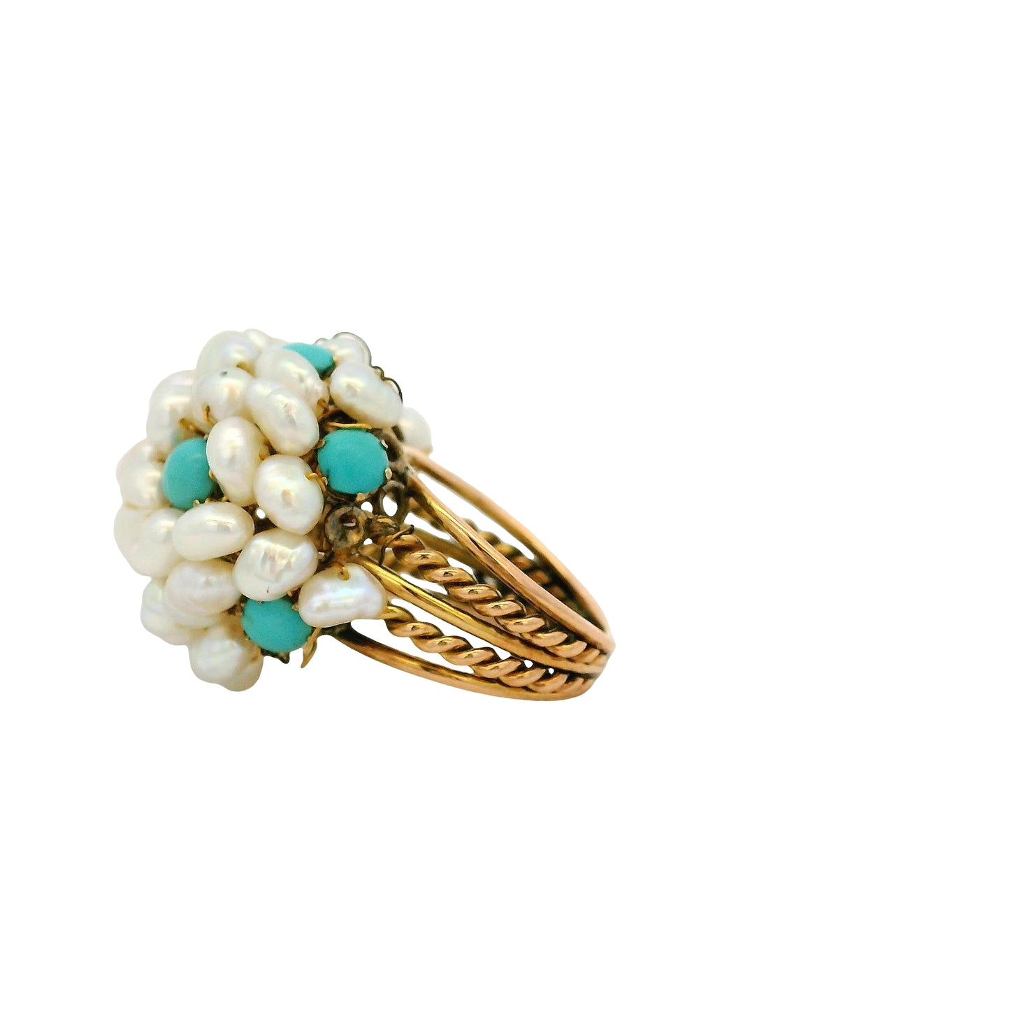 14k & 18k Yellow Gold Freshwater Pearl and Turquoise Cluster Ring