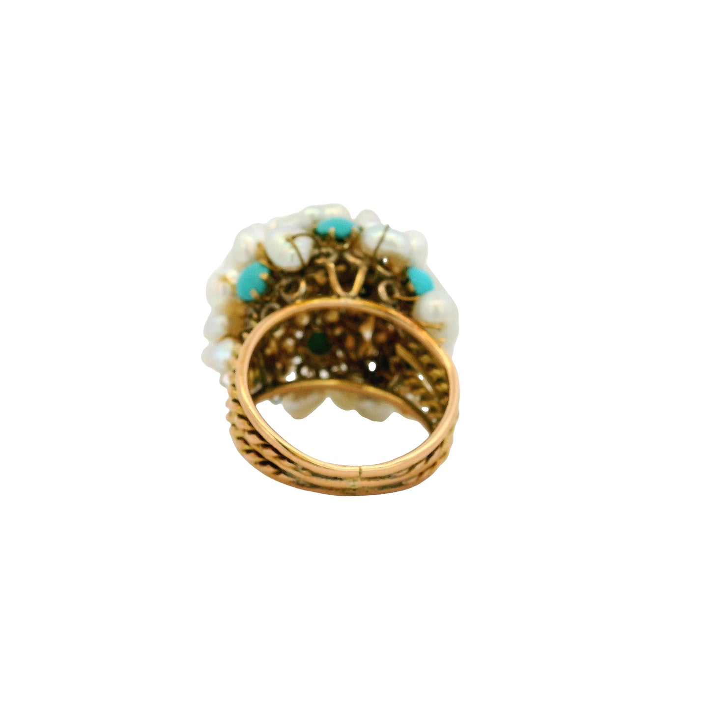 14k & 18k Yellow Gold Freshwater Pearl and Turquoise Cluster Ring
