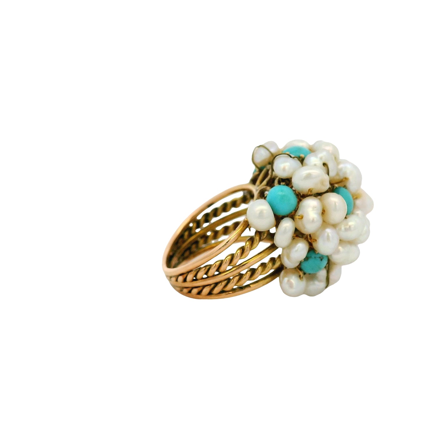 14k & 18k Yellow Gold Freshwater Pearl and Turquoise Cluster Ring