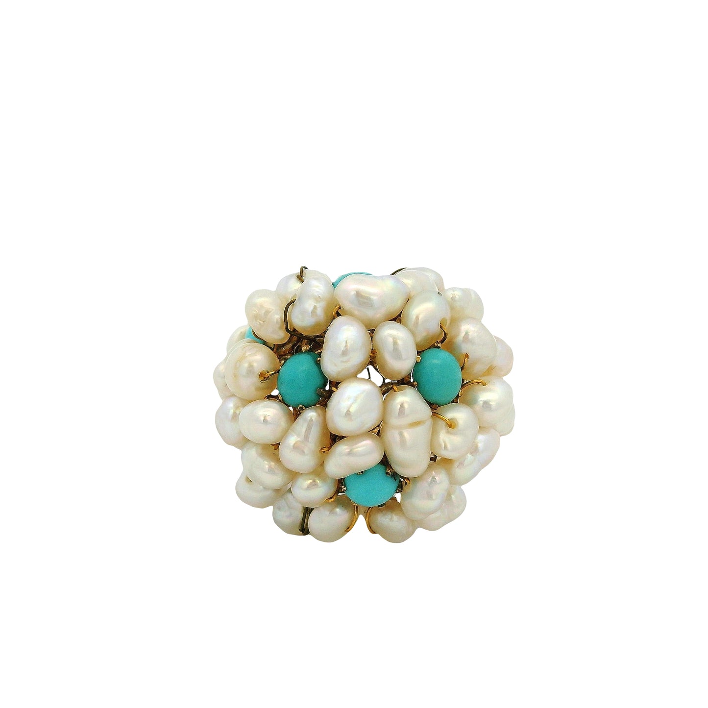 14k & 18k Yellow Gold Freshwater Pearl and Turquoise Cluster Ring
