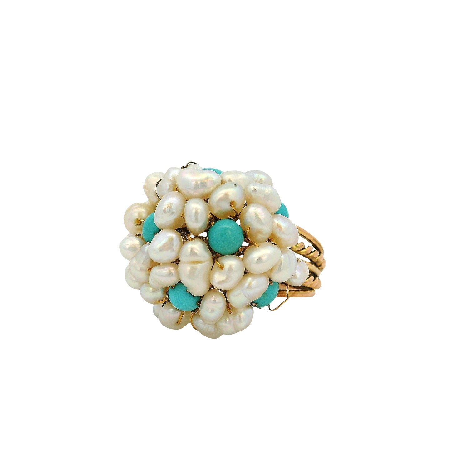 14k & 18k Yellow Gold Freshwater Pearl and Turquoise Cluster Ring