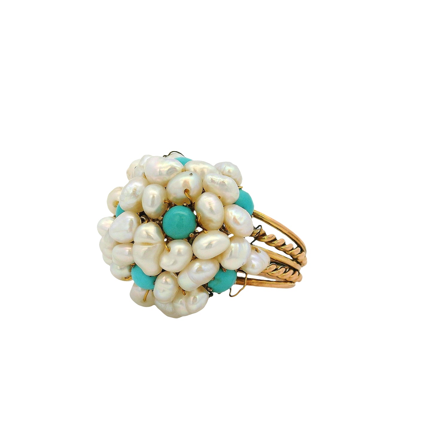 14k & 18k Yellow Gold Freshwater Pearl and Turquoise Cluster Ring