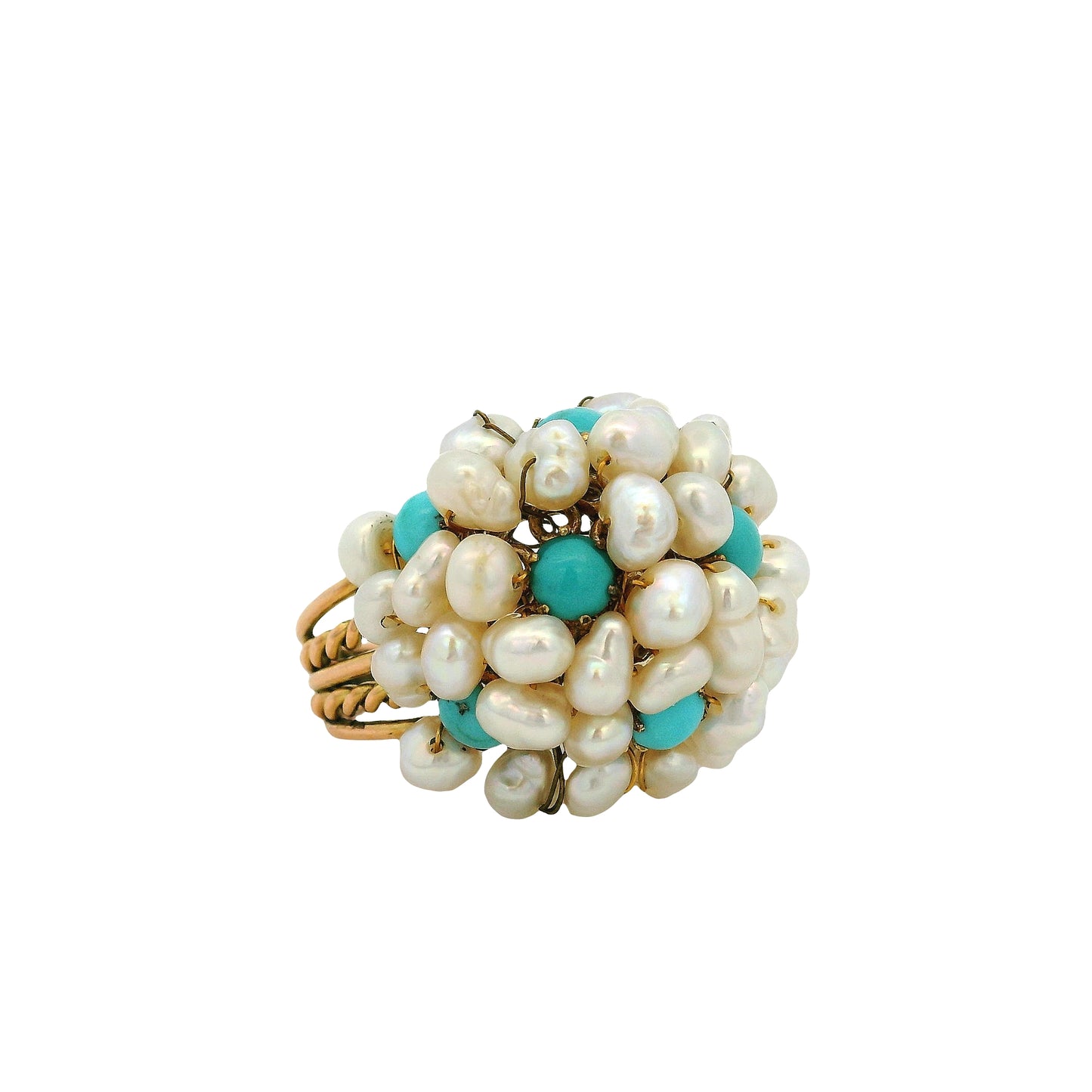 14k & 18k Yellow Gold Freshwater Pearl and Turquoise Cluster Ring