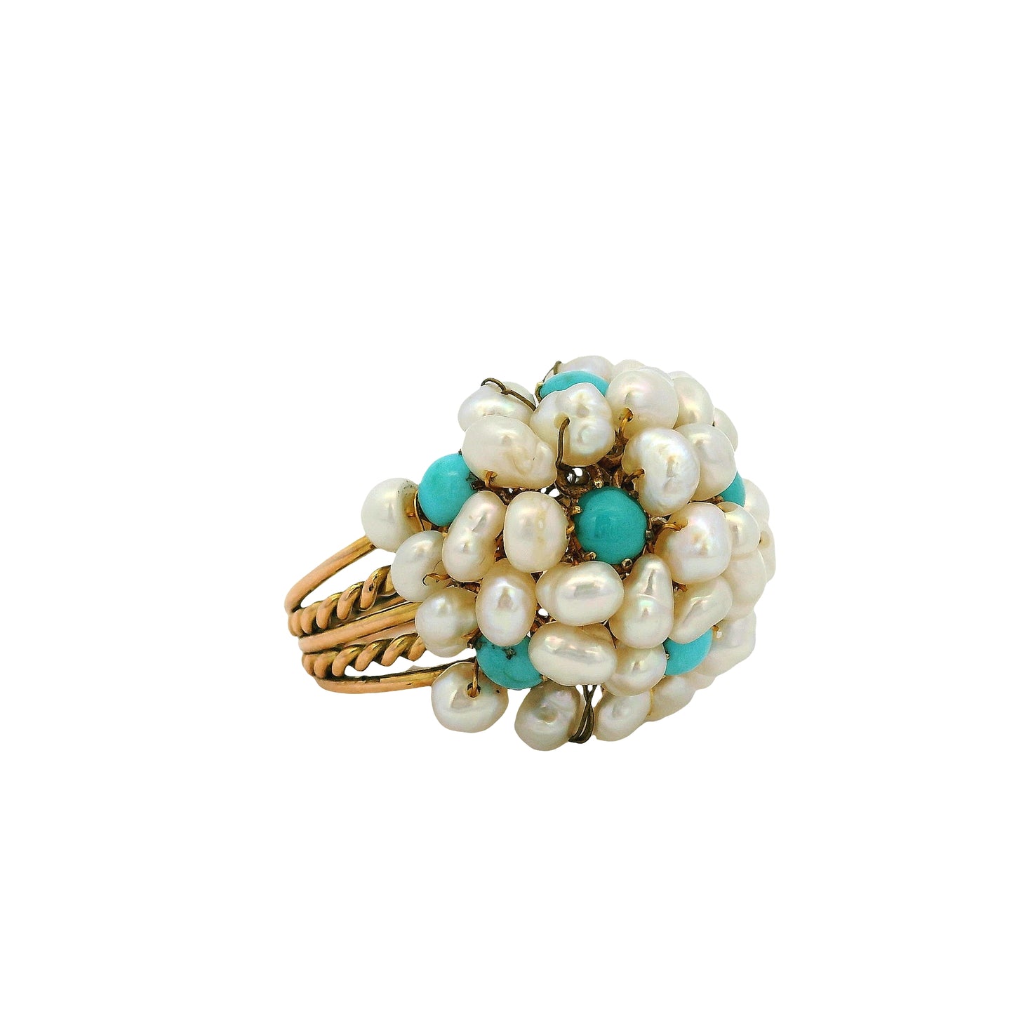 14k & 18k Yellow Gold Freshwater Pearl and Turquoise Cluster Ring