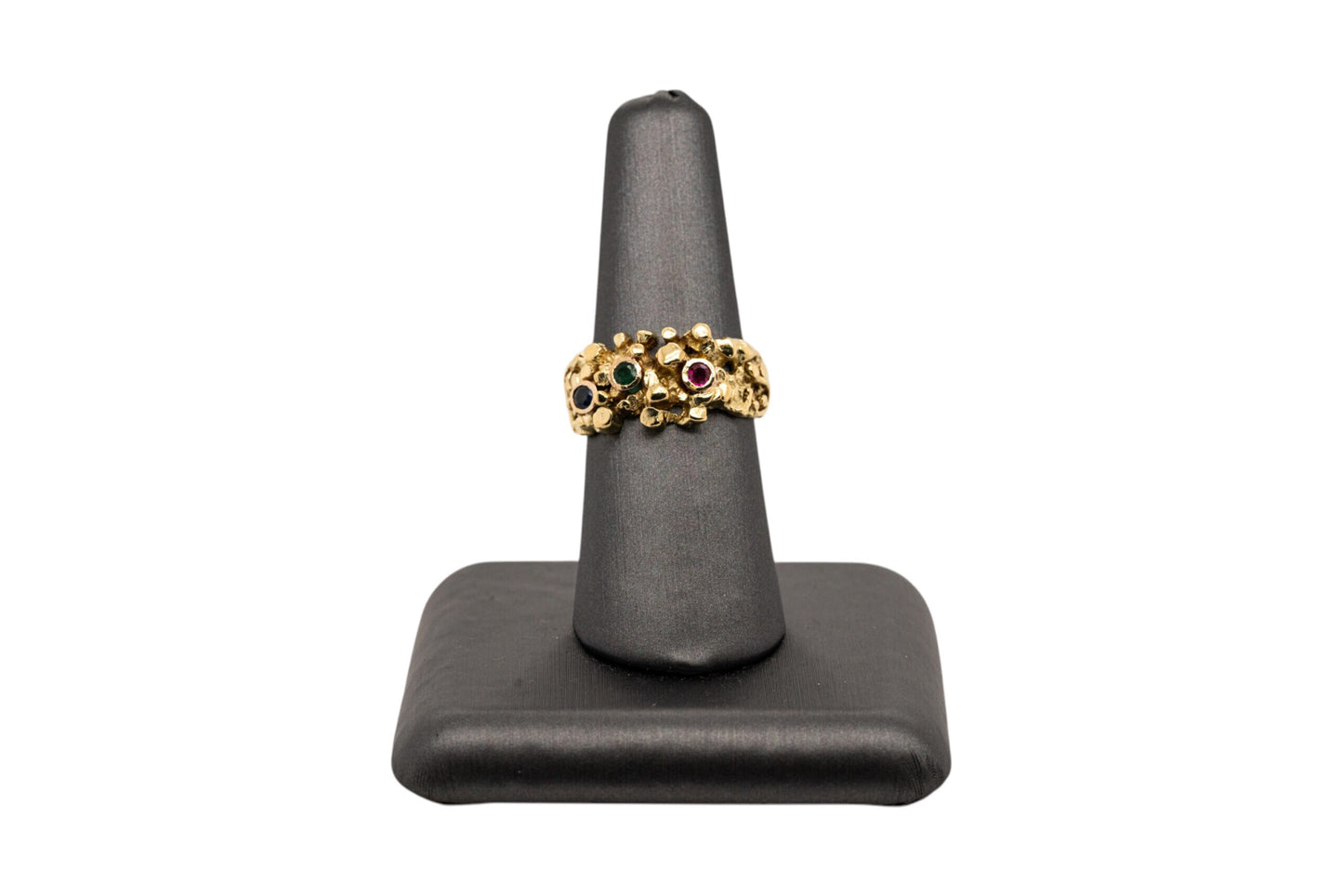 Vintage 14k Yellow Gold Bark Finish Ring Set With Emeralds and Sapphires