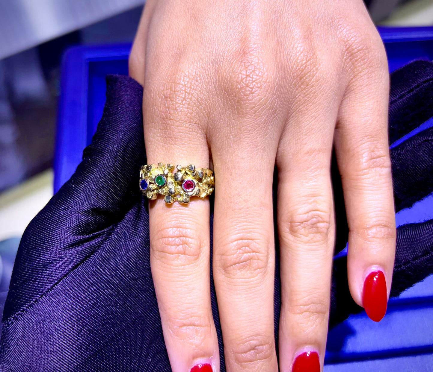 Vintage 14k Yellow Gold Bark Finish Ring Set With Emeralds and Sapphires