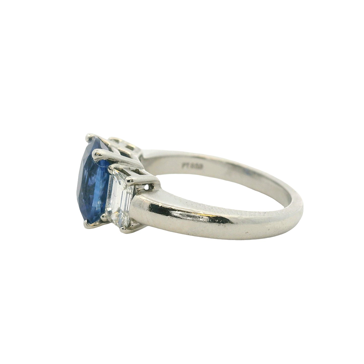 Platinum 3 Stone Ring set with Natural Cushion Blue Sapphire and Emerald Cut Diamond Side Stones