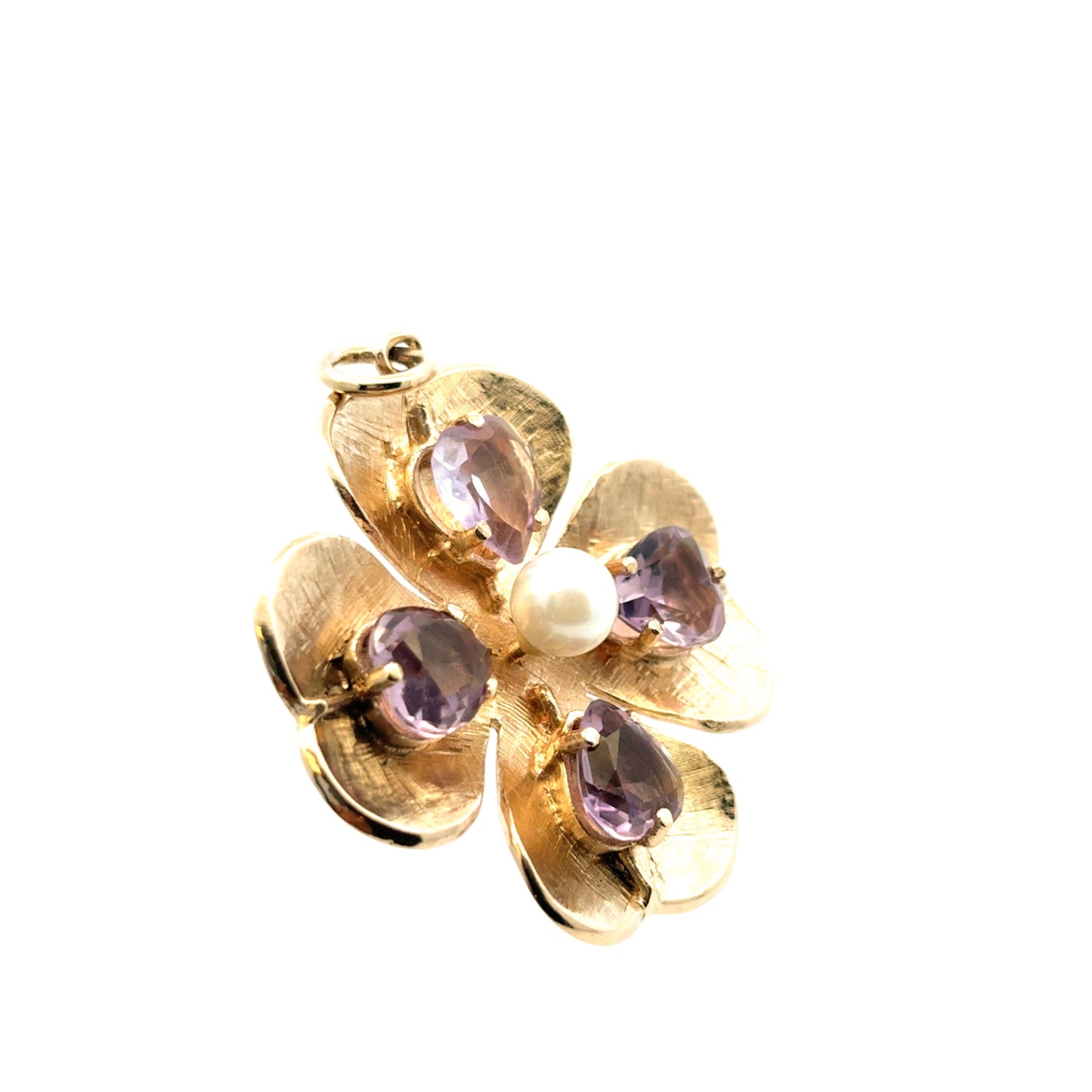 14K Yellow Gold Amethyst and Pearl Clover Pendant