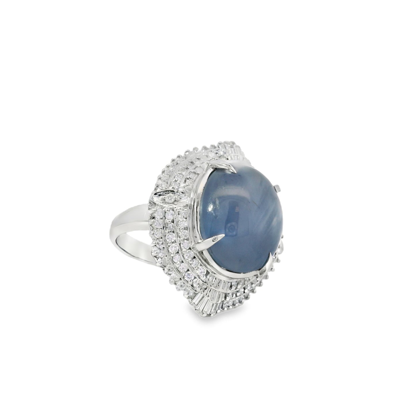 Platinum 19.35ct Sapphire Star and 0.96ct Round Brilliant and Baguette Diamond Ring