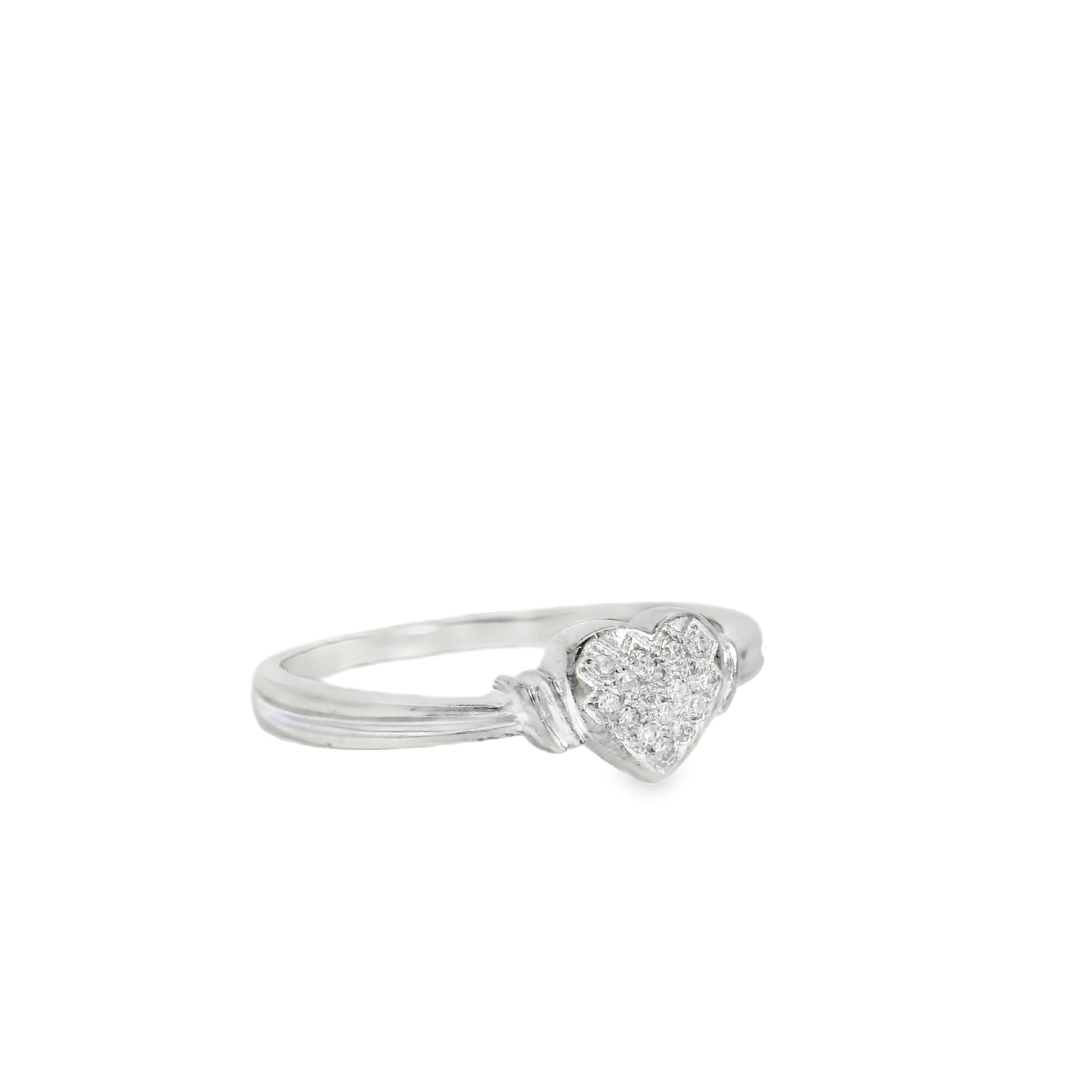 14k White Gold Round Brilliant Cut Pavé Set Heart Shaped Diamond Ring