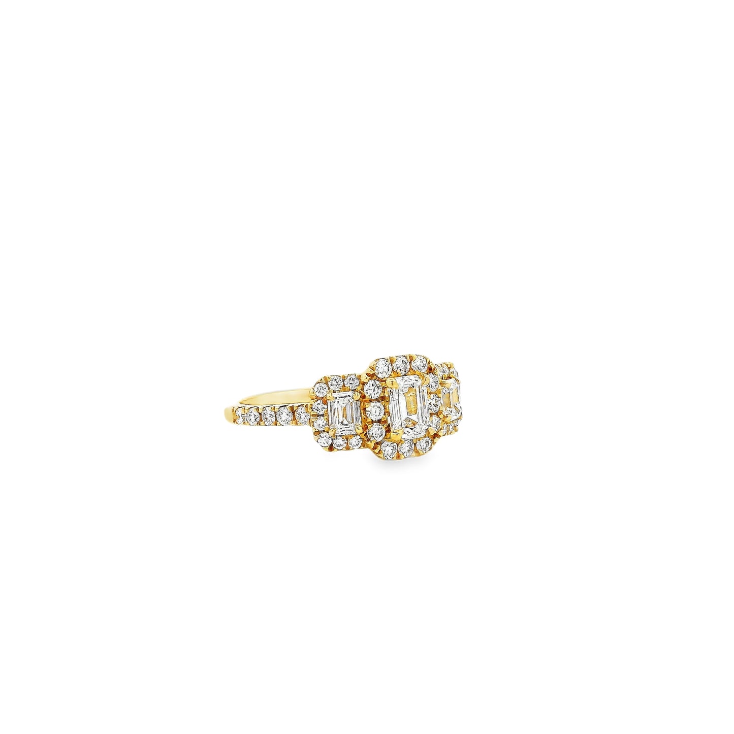 18k Yellow Gold 0.68ct Three-Stone Emerald Cut Surrounded by 0.56ct Round Brilliant Diamond Ring