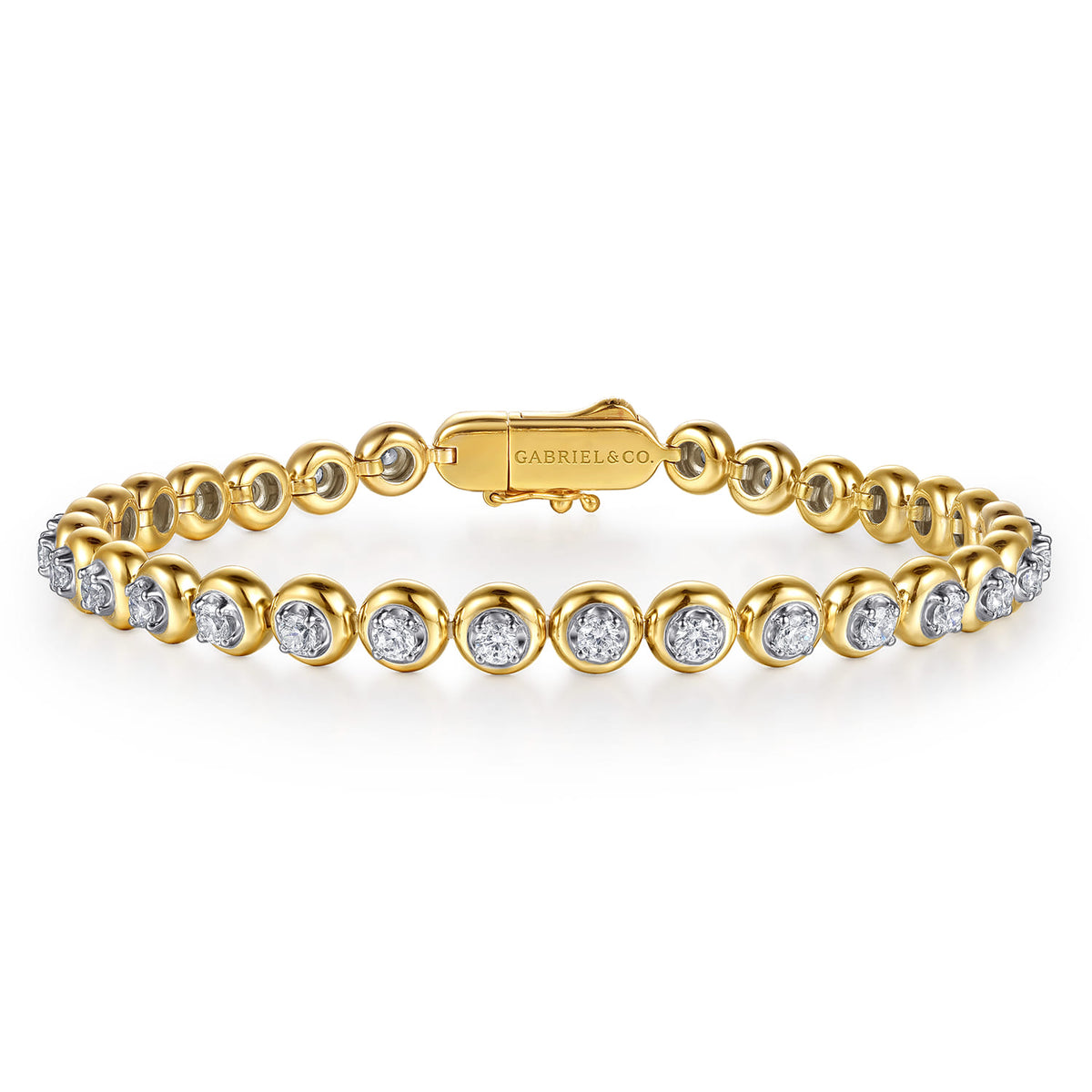 14K White&Yellow Gold Buttercup Bezel Set Diamond Tennis Bracelet — Gabriel & Co. TB5320M45JJ