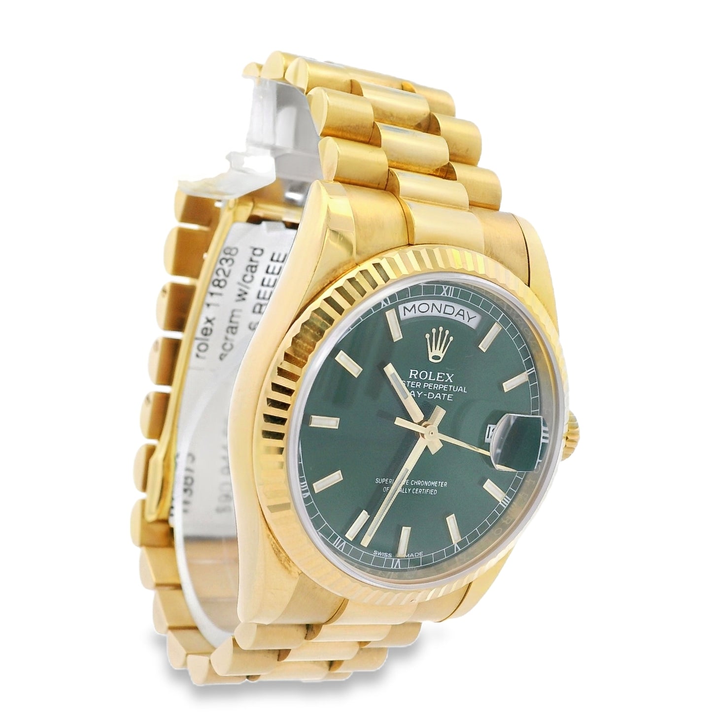 Rolex 118238 Day-Date 18k yellow gold green dial presidential watch