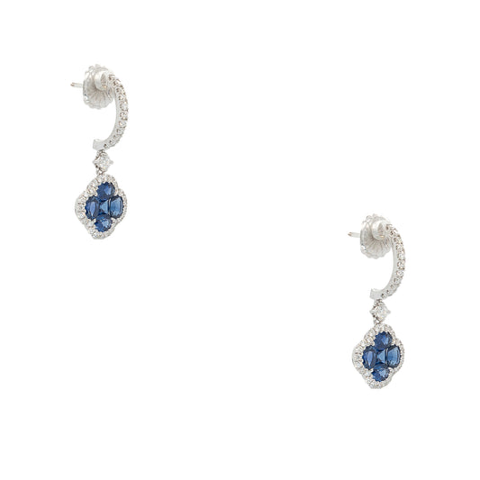 18k White Gold 1.94ctw Sapphire Clover and 0.54ctw Diamond Dangle Earrings