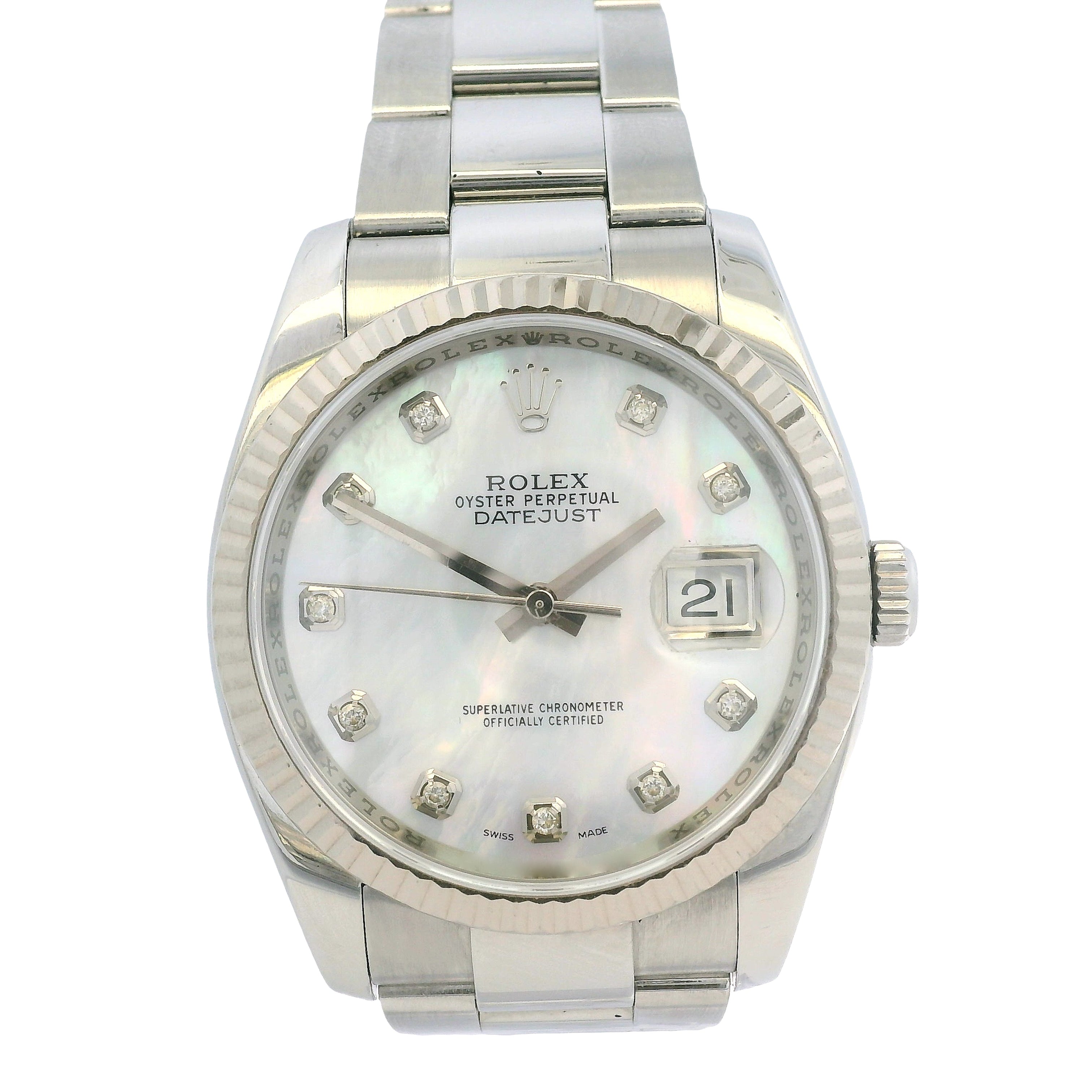 Rolex Datejust 116200 Stainless Steel 36mm Aftermarket Mother of Pearl Diamond Dial Watch