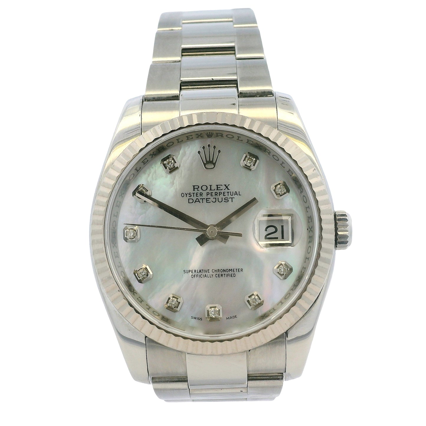 Rolex Datejust 116200 Stainless Steel 36mm Aftermarket Mother of Pearl Diamond Dial Watch