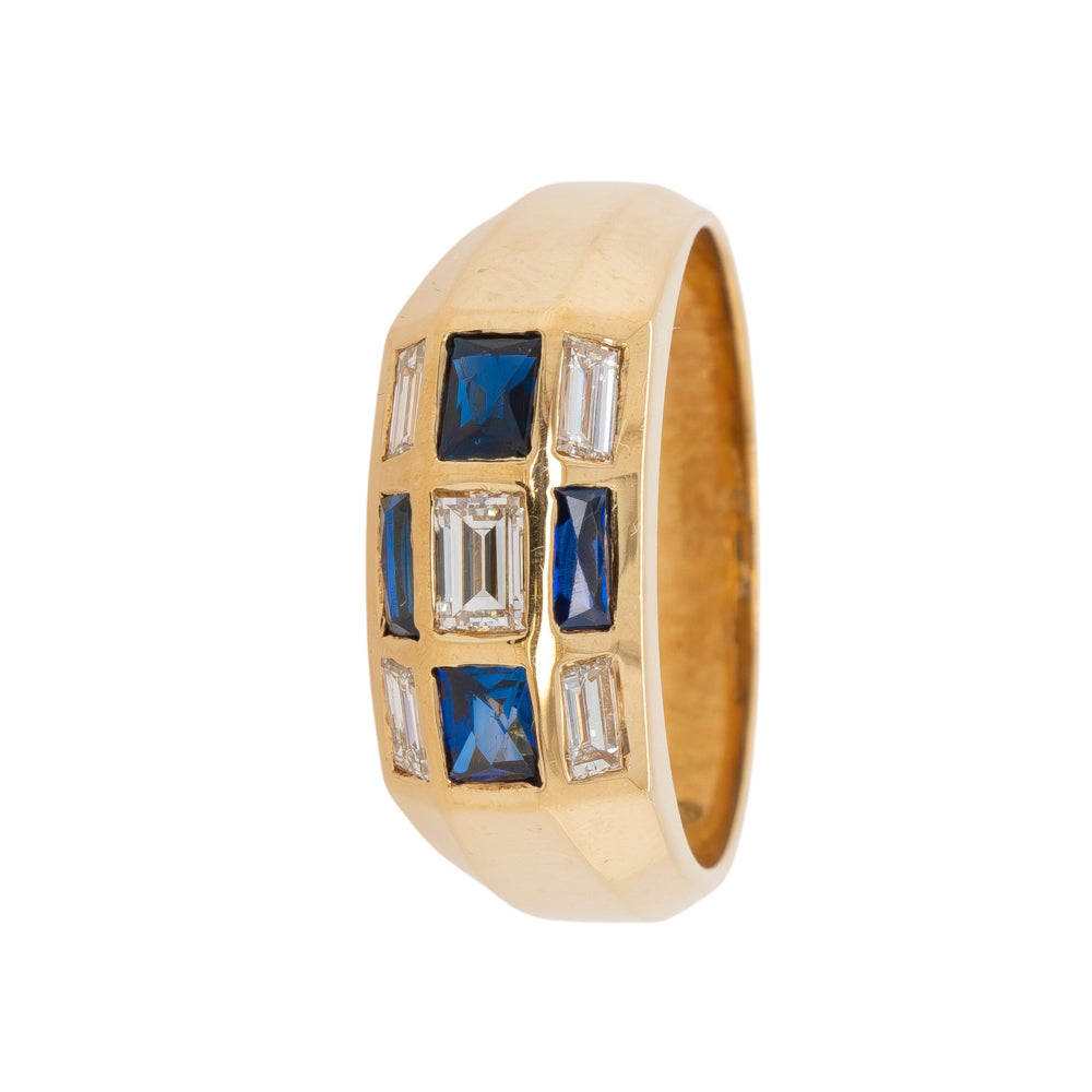 18k Yellow Gold Blue Sapphire and Baguette Diamond Men's Ring