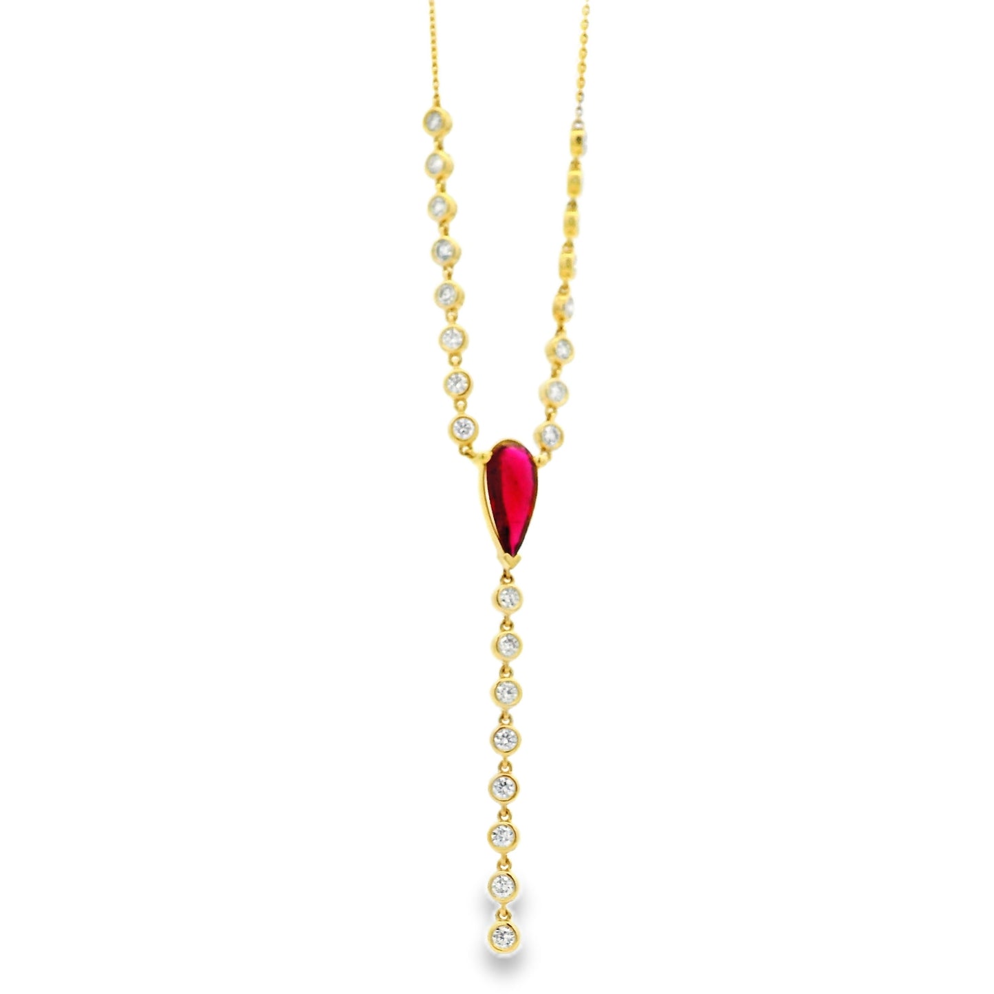 14k Yellow Gold 0.88ct Central Ruby and 0.66ct Round Brilliant Diamonds Drop Necklace