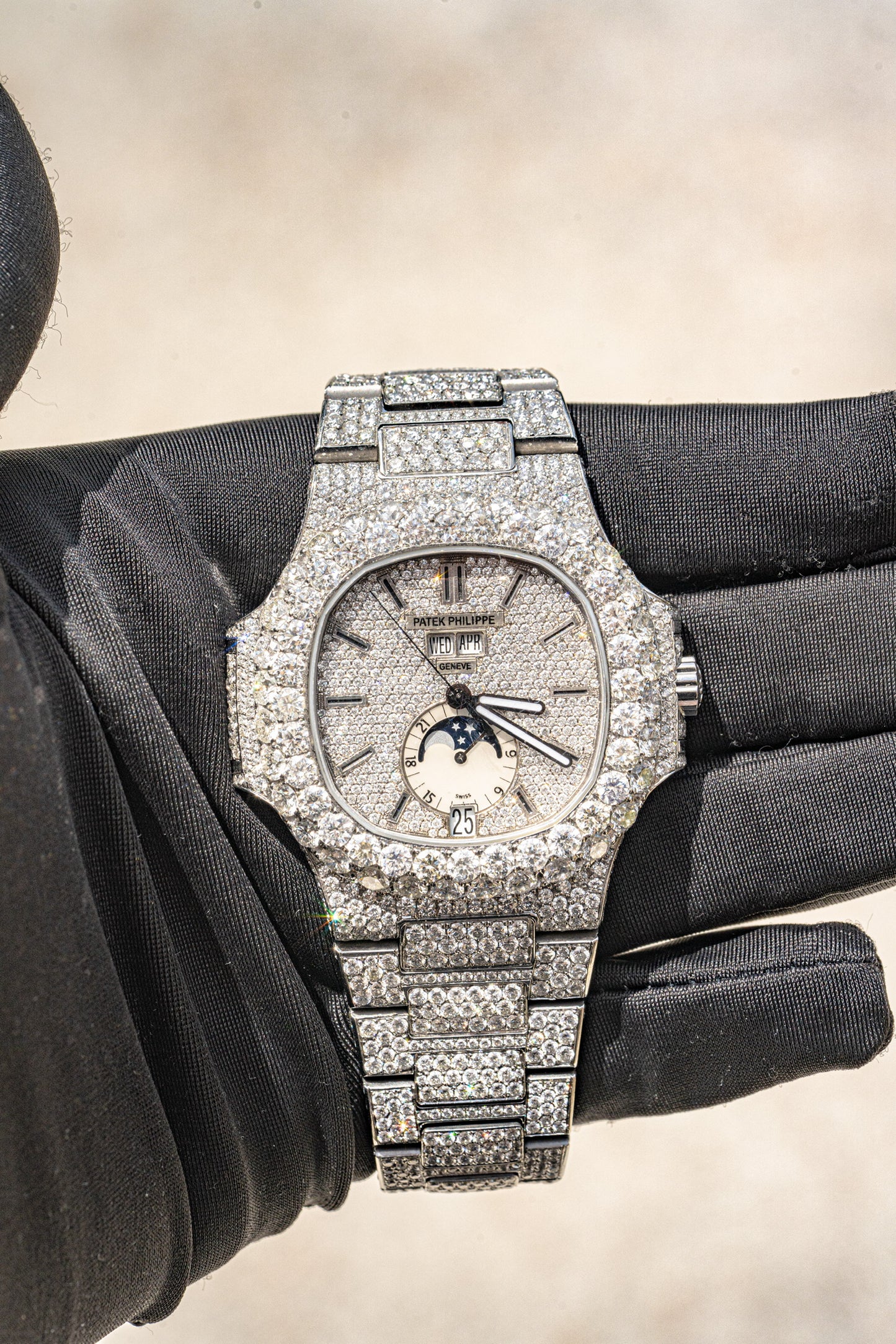 Patek Philippe Nautilus Stainless Steel All Diamond Moon Phase Dial Watch