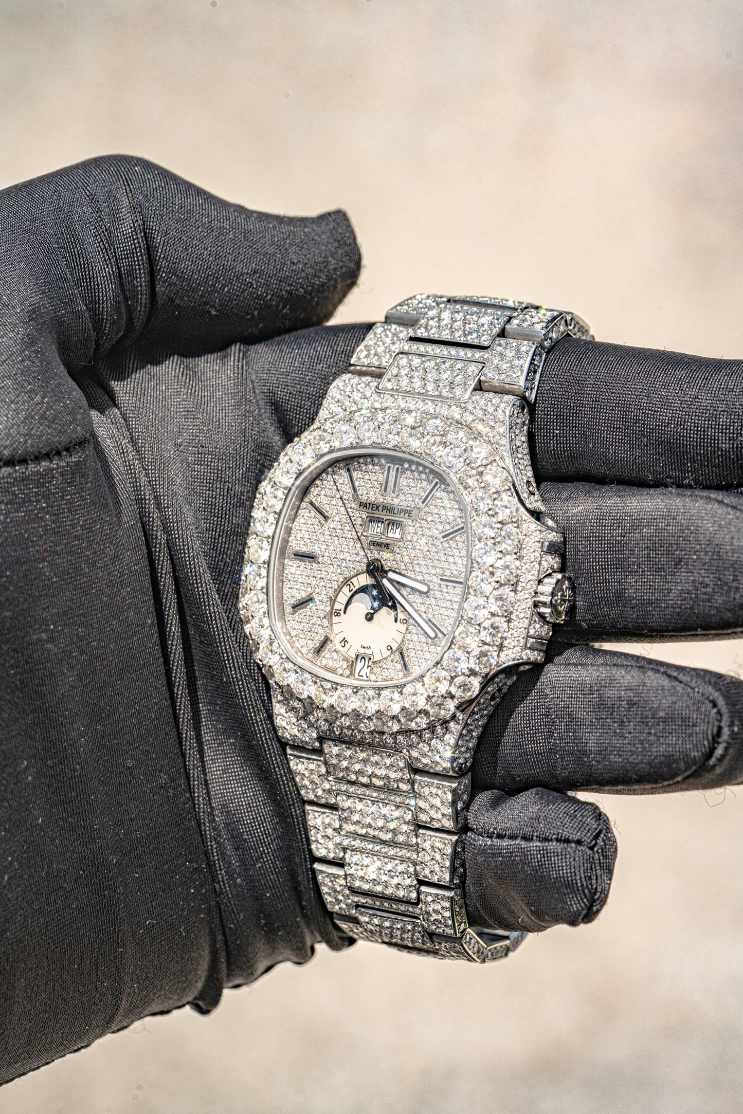 Patek Philippe Nautilus Stainless Steel All Diamond Moon Phase Dial Watch