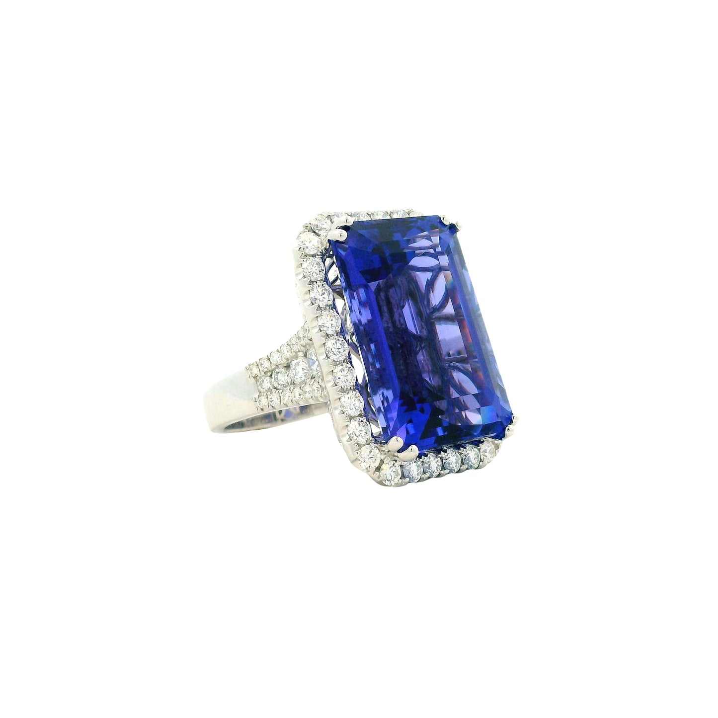 18k White Gold 34.72ct Emerald Cut Tanzanite and 2.26ctw Diamond Halo Cocktail Ring — photo 15 of 15