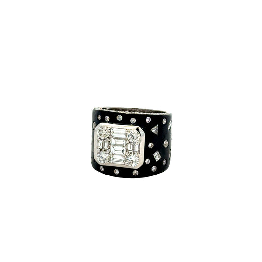 18k White Gold 2.75ctw Round Brilliant and Baguette Diamond Black Enamel Cocktail Ring — left three-quarter angle