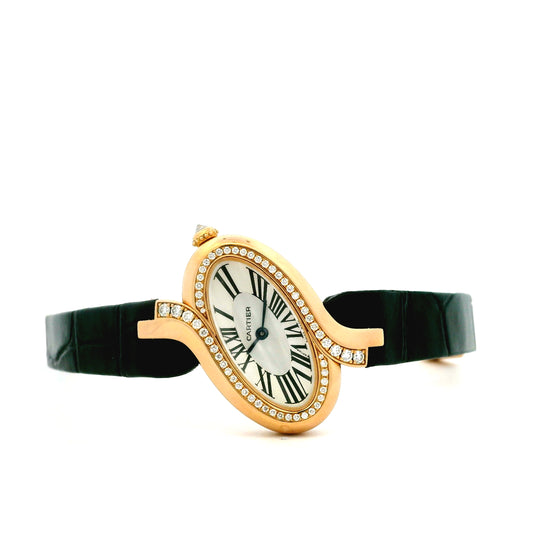 Cartier Délices 18k Rose Gold 30mm Diamond Bezel Watch — left side three-quarter view