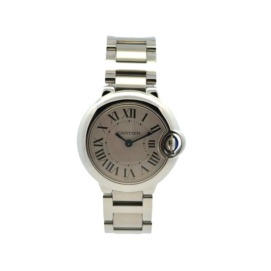 Cartier Ballon Bleu 28mm White Dial Stainless Steel Watch — left side three-quarter view