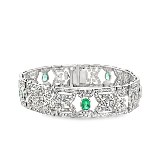 18k White Gold 4.47ctw Diamond Pavé and 0.83ct Emerald Art Deco Bracelet — left three-quarter angle