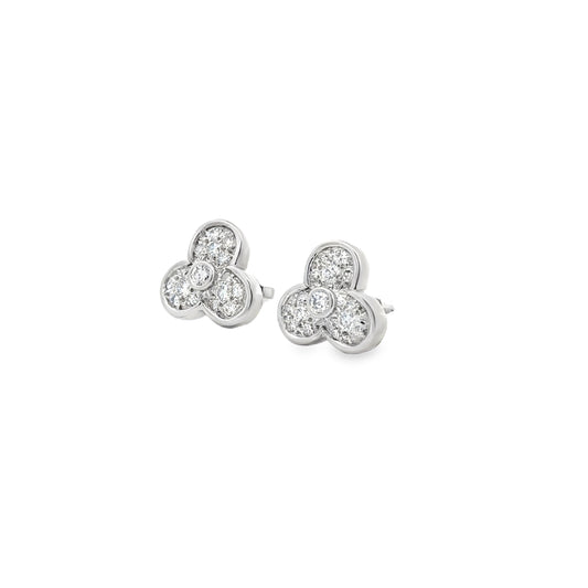 14k White Gold 1.00ctw Round Diamond Floral Cluster Earrings — left three-quarter angle