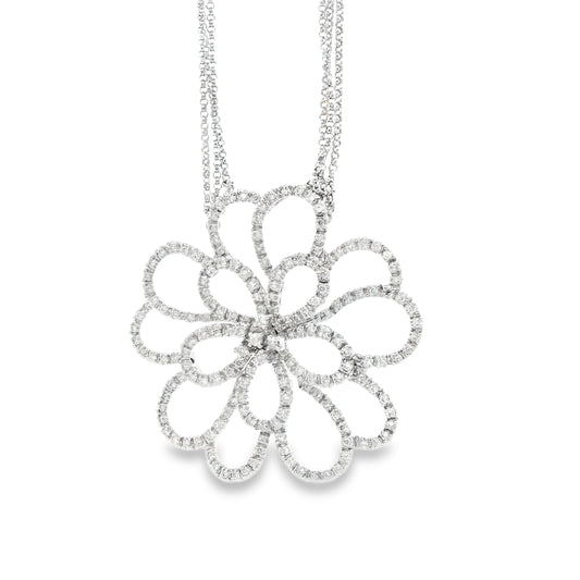 14k White Gold 2.5ctw Round Brilliant Diamond Pavé Floral Pendant Multi-Strand Necklace 18" — left three-quarter angle