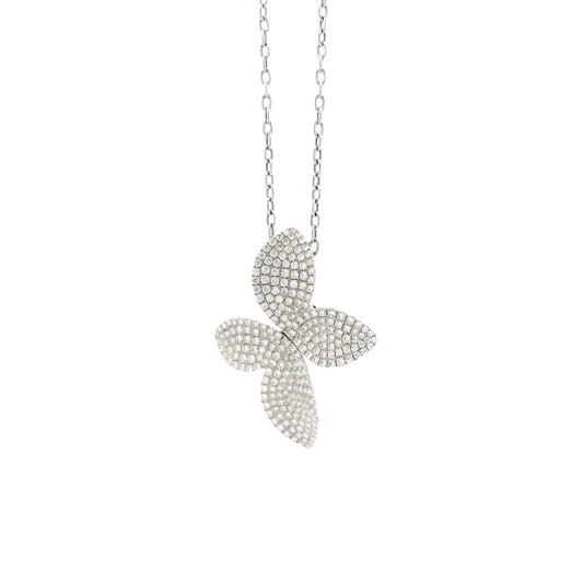 18k White Gold 1.44ctw Round Brilliant Diamond Pavé Flower Pendant Necklace — left three-quarter angle