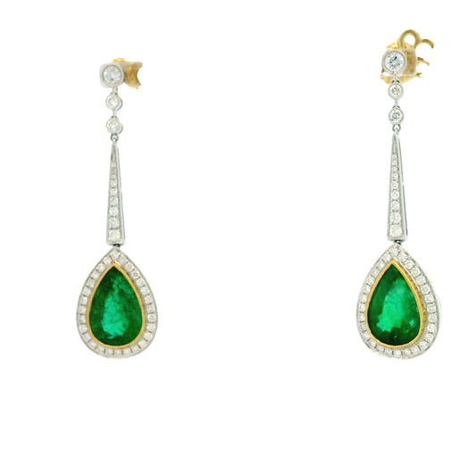 18k White Gold 11.51ct Emerald and 1.54ctw Round Brilliant Diamond Drop Earrings — left three-quarter angle