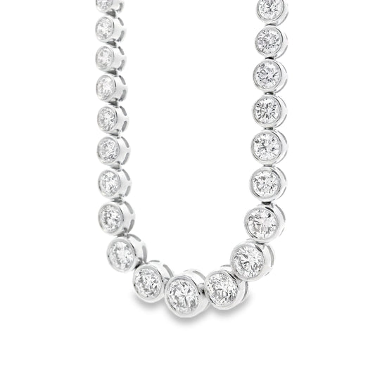18k White Gold 6.54ctw Round Natural Diamond Half-Way Bezel Set Tennis Necklace 17" — left three-quarter angle