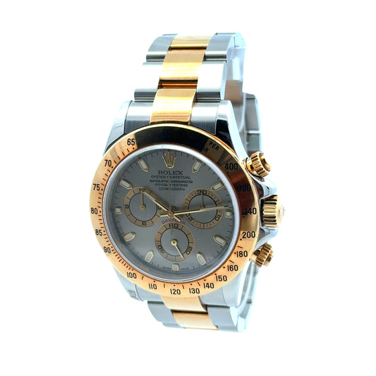 Rolex 116523 Daytona 40mm Silver Dial Two-Tone Oyster Bracelet Watch — left side three-quarter view