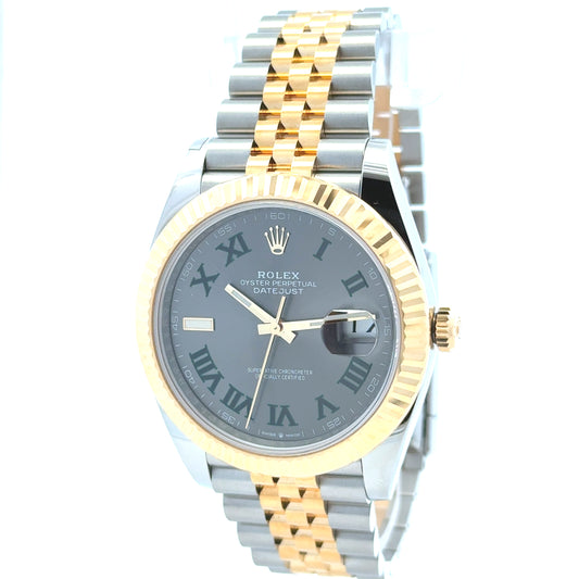 Rolex 126333 Datejust 41mm Wimbledon Dial Two-Tone Jubilee Watch — left side three-quarter view