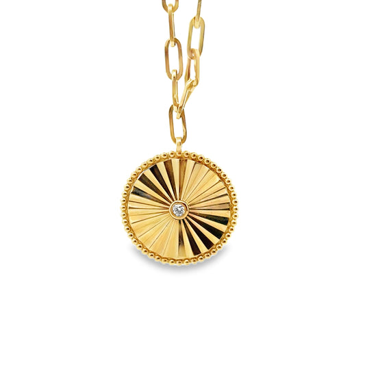 14k Yellow Gold Natural Diamond Sunburst Bezel Pendant Necklace — left three-quarter angle