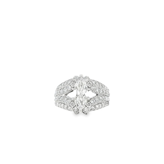 14k White Gold 0.90ct Marquise Diamond and 2.0ctw Round Brilliant Diamond Ring — left three-quarter angle