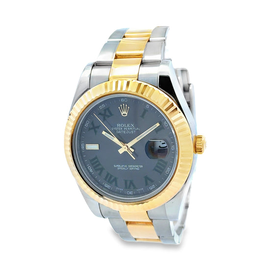 Rolex 116333 Datejust II 41mm Wimbledon Roman Dial Two-Tone Watch — right side three-quarter view