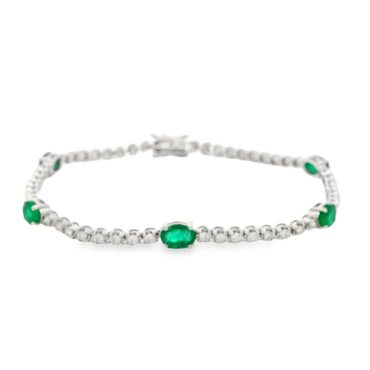 14k White Gold 5.88ctw Oval Emerald and Round Brilliant Diamond Tennis Bracelet — reverse view