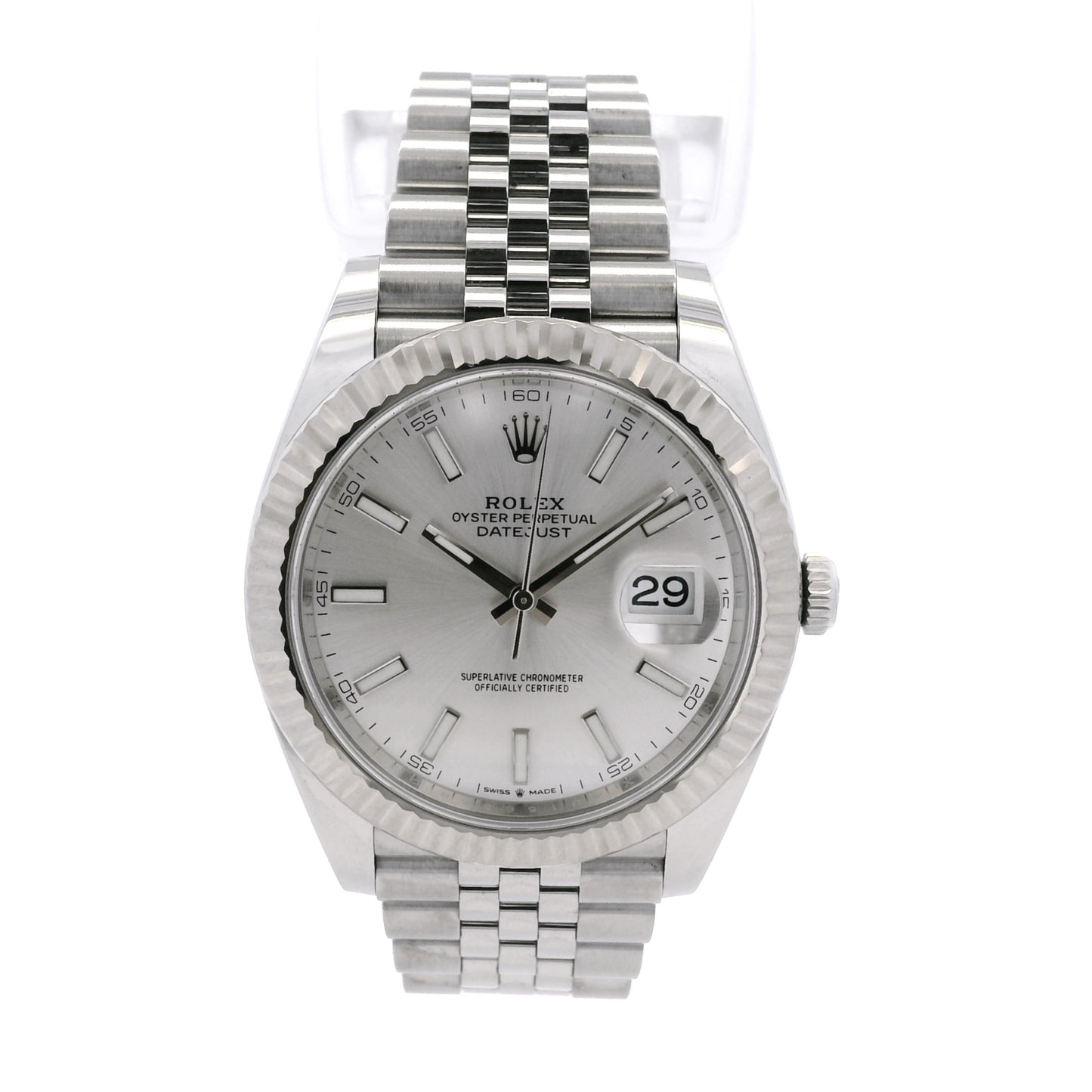 Rolex 126334 Datejust 18k White Gold Fluted Bezel Silver Dial on Stainless Steel Jubilee Bracelet Watch